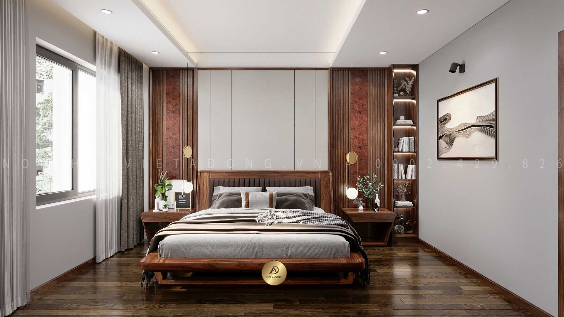 Phòng ngủ master với nội thất gỗ óc chó